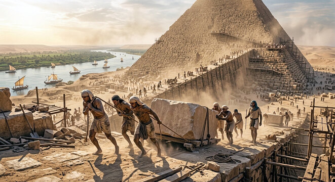 Ancient Egyptian Pyramid Construction with Workers on Ramps and Nile River