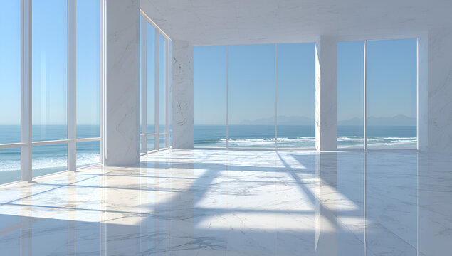 A spacious, sunlit interior with expansive glass windows overlooking a serene ocean vista, creating a bright and airy atmosphere