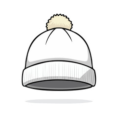 Fototapeta premium Simple cartoon illustration of a white knitted beanie with a fluffy pompom on top