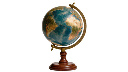 Classic blue-brown world globe on a brass and wooden stand, isolated on transparent background © Lukas