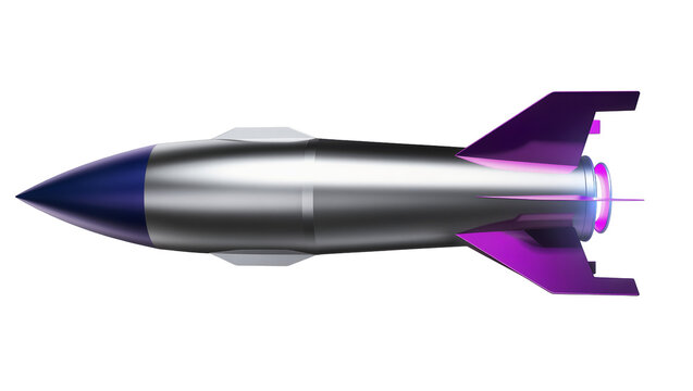 Metallic silver rocket with blue nose cone and purple fins glowing exhaust, isolated on transparent background