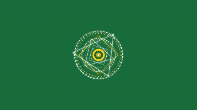 Abstract Spinning Geometric Eye Animation with Yellow Circle on Green Background