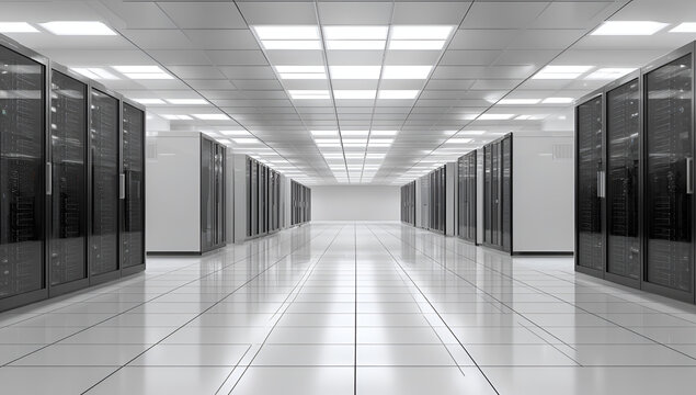 An expansive, symmetrical view of a server room featuring rows of dark server racks, bright overhead lights, and a white tiled floor