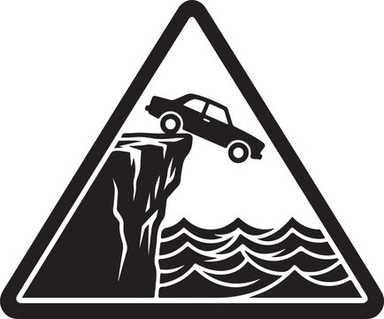 A black and white image of a car falling off a cliff into the ocean