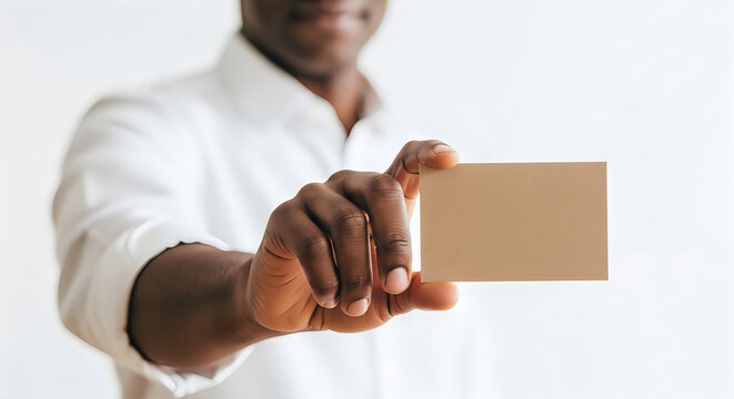 Man in white shirt holding out a blank brown card for business or identification purposes