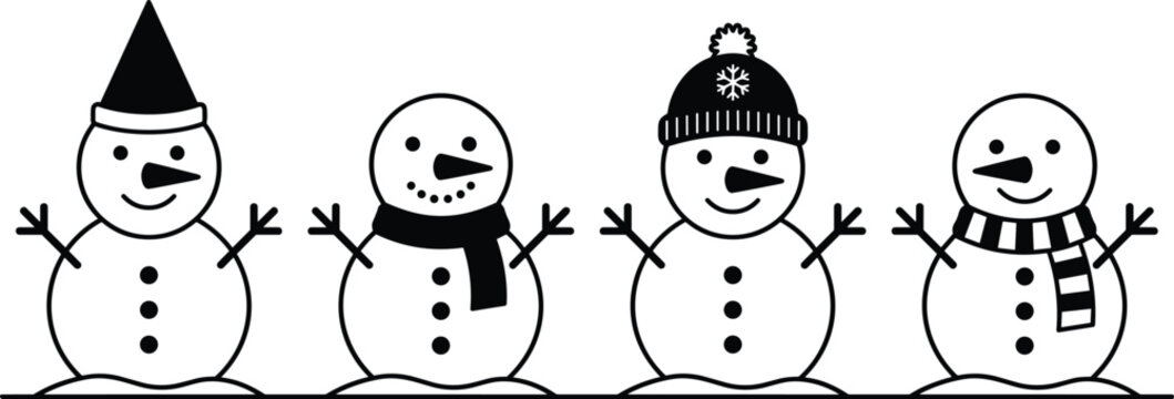 Cute winter snowmen illustration set with hats scarves black white vector festive holiday Christmas characters minimal design isolated background decoration