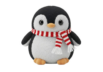 Obraz premium Cute fluffy penguin with red and white scarf isolated on transparent background for holiday and winter design