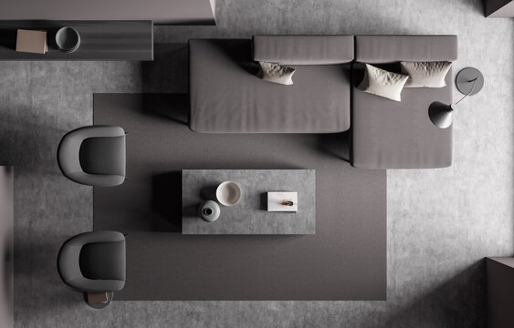Contemporary interior design top view showing sofa, chairs and table in minimalist style on neutral background, concept of comfort and harmony, 3D Rendering