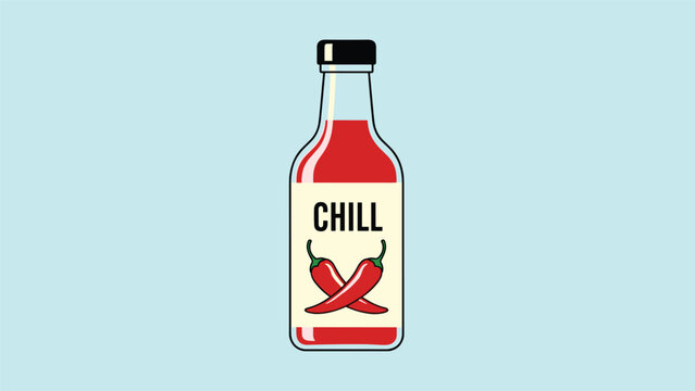 Glass bottle of spicy chili sauce features a label with the word chill and two crossed red hot peppers on a light blue background.