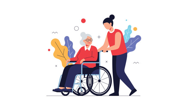 Young female caregiver supports and pushes an elderly woman in a wheelchair against a backdrop of colorful abstract shapes.