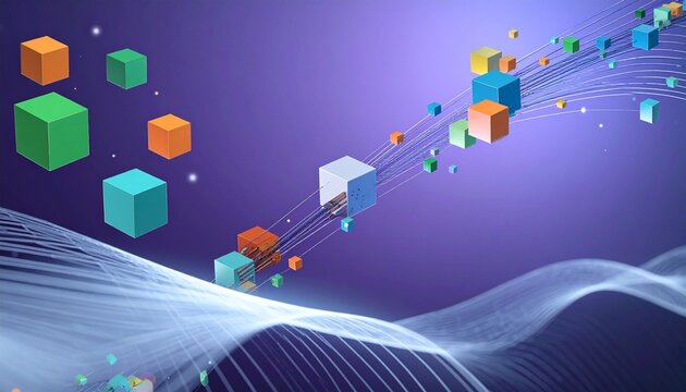 Abstract cubes connected by flowing lines, symbolizing data transfer, transformation, and digital networks; embodying communication, intelligence, and the dynamic energy of technological progress.