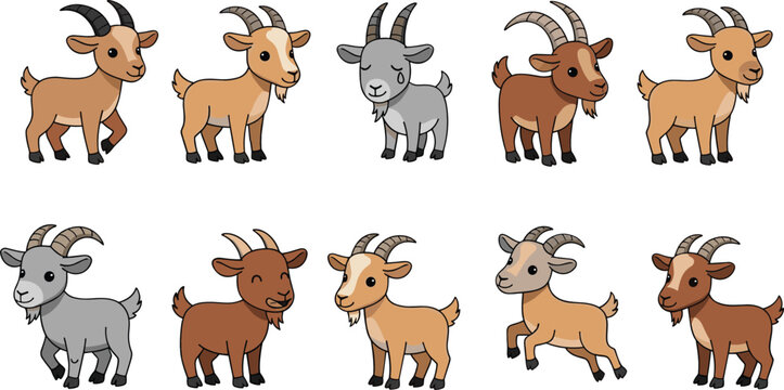 Cute cartoon goat characters set with different poses and expressions farm animal collection vector illustration for kids design