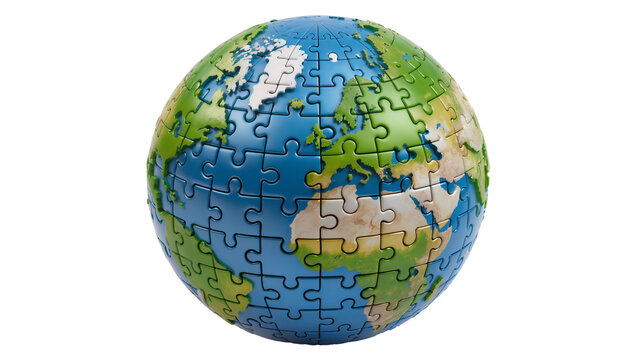 Earth globe puzzle displaying blue oceans and green continents, isolated on transparent background