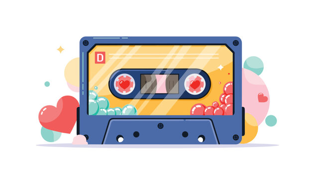 Colorful illustration of a retro cassette tape decorated with heart symbols and bubbles for a romantic mixtape.
