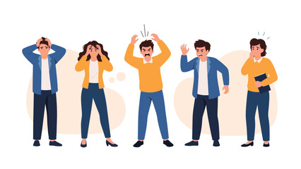 Fototapeta premium Group of five diverse people expressing various negative emotions like stress, anger, anxiety, and frustration in a flat character style illustration.