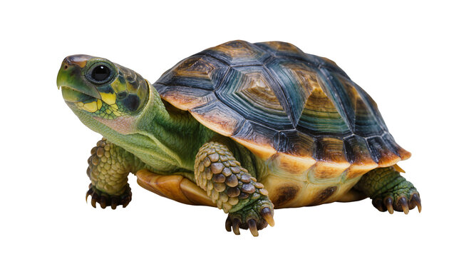 Vibrant green and brown tortoise with textured patterned shell standing, isolated on transparent background