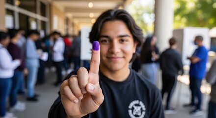Voting Confidence: A young individual proudly displays their finger marked with indelible ink, signifying participation in the electoral process, promoting civic engagement and democratic values.