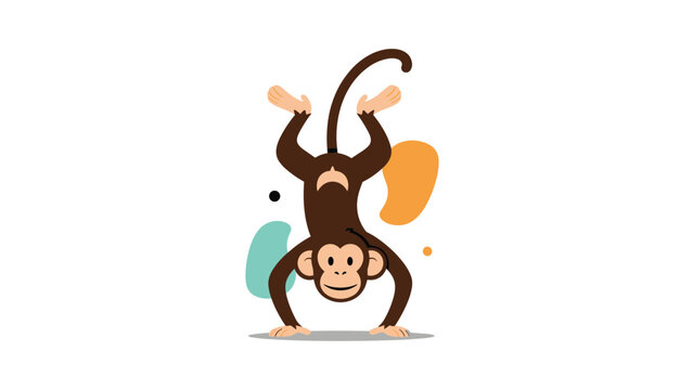 Playful brown monkey doing a handstand on its front paws with abstract organic shapes in the background in a flat cartoon style illustration.