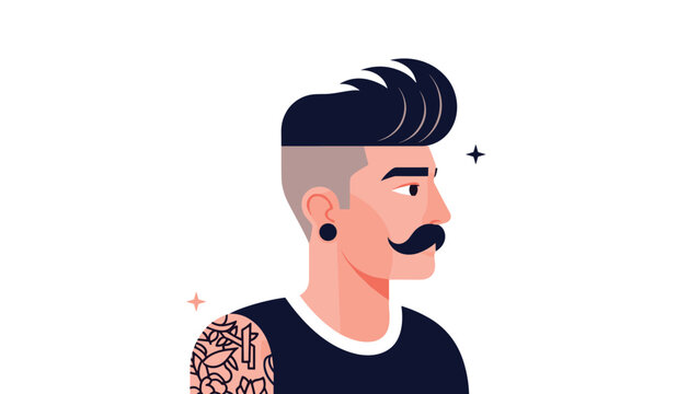 Side profile portrait of a stylish man with a quiff haircut, mustache, ear gauge, and a floral tattoo on his shoulder against white background.