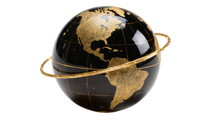 Black and gold globe with continents and a metallic ring, isolated on transparent background for global themes © Lukas