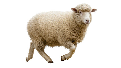 Fluffy woolly sheep with thick cream-colored fleece and a gentle expression running forward, isolated on transparent background © Claudia