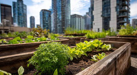 Fototapeta premium image of an urban rooftop garden with raised wooden planters filled with fresh vegetables and herbs, creating an eco-friendly balcony space for home growing.