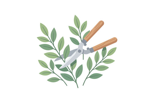 Minimal flat illustration of pruning shears cutting green leaves on a light background clean composition soft colors modern botanical gardening concept