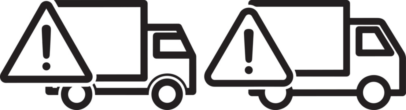 Delivery Truck Icons with Warning Triangles, Line Art Illustration for Logistics and Shipping Alerts, Flat Design