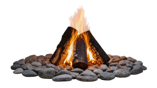 Bright campfire with three logs and grey stones isolated on transparent background, perfect for cozy evenings