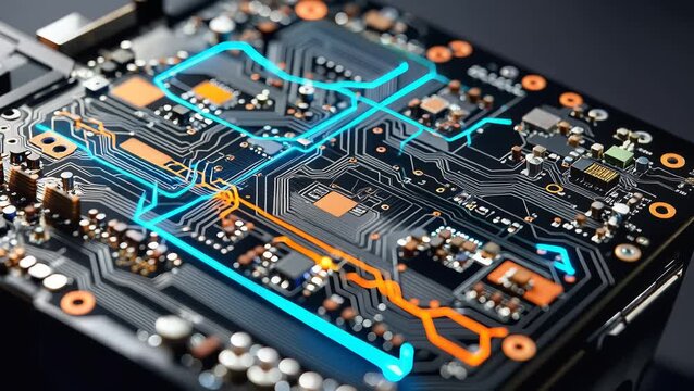 High Tech Computer Motherboard with Glowing Blue and Orange Digital Traces