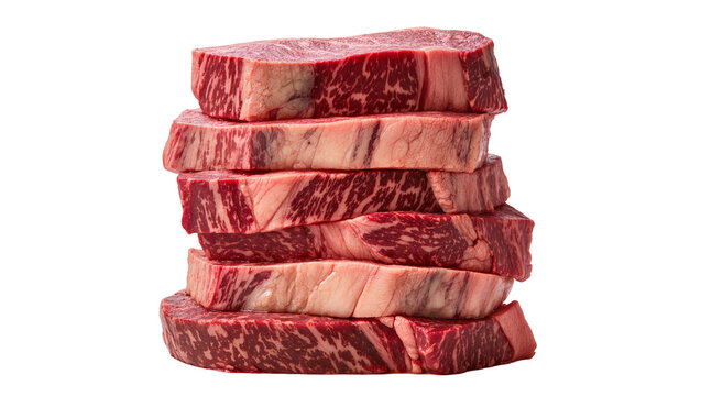 Fresh prime cut raw beef steaks perfectly stacked with visible marbling and vibrant red color, isolated on transparent background for butcher shop menus