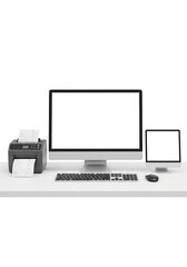 Fototapeta premium Modern Desktop Computer Setup with Printer and Tablet.