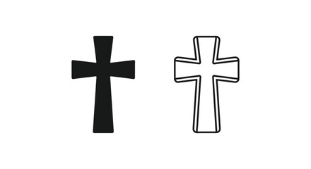 Obraz premium Christian cross vector icons, religious crucifix symbols in solid black and outline styles, spiritual faith emblems for church branding and funeral stationery