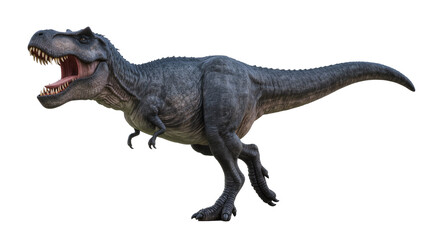 Dark grey scaly Tyrannosaurus Rex dinosaur roaring with an open mouth and sharp teeth, isolated on transparent background for prehistoric themes © Claudia
