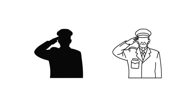 Military soldier saluting in uniform, black silhouette and line art vector icons, army officer or security guard character set for patriotic design