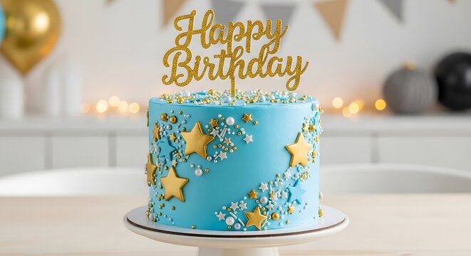 Title elegant two tier birthday cake with gold accents and blue frosting description a beautifully decorated two tiered