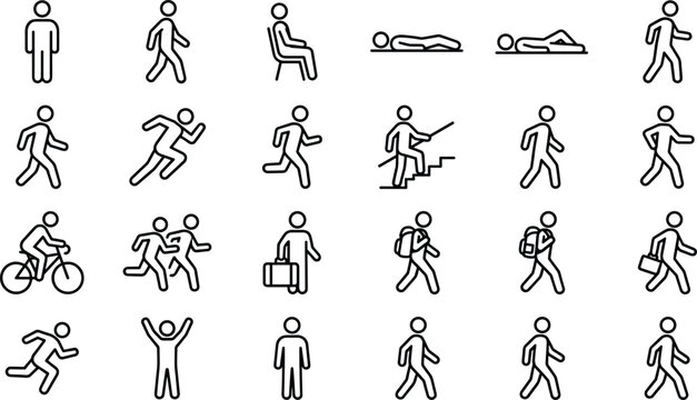Human activity line icon set vector people walking running sitting working cycling motion lifestyle outline collection design isolated illustration