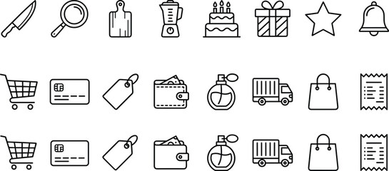 Shopping retail line icon set vector ecommerce cart payment wallet delivery gift kitchen outline collection business design illustration © Rubel