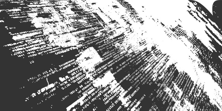 Abstract black and white distressed textured background with fragmented text lines and digital code patterns