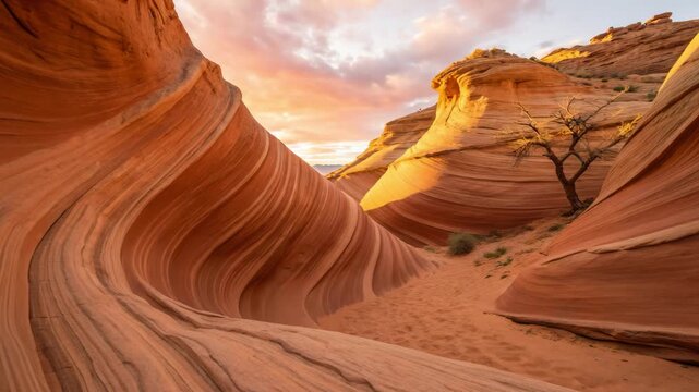 Desert sandstone canyon curves with lone tree at sunset cinematic motion