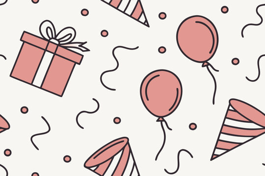 A repeating pattern design featuring birthday gifts balloons and party hats on a beige background