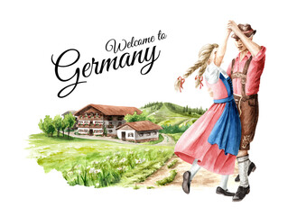 Fototapeta premium German folk dances. A couple of dancers in national costumes. Hand Painted watercolor illustration, isolated on white background