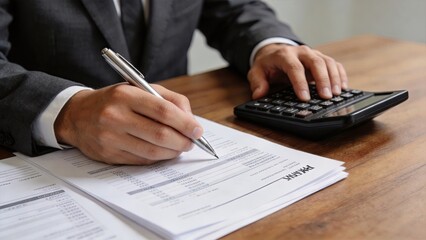 Fototapeta premium Businessman calculating finances tax return form on desk accountant working with pen and calculator corporate finance concept professional office worker financial report analysis
