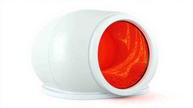 White device emits bright red light. Rounded shape suggests therapeutic or wellness application. Minimalist design, clean aesthetic.