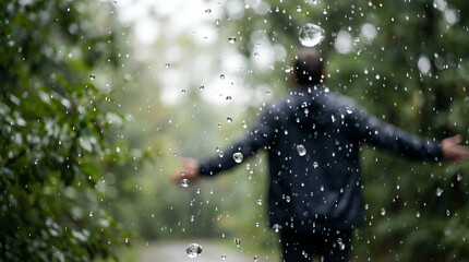 Naklejka premium Sharp Rain Droplets in Focus with Blurred Person Enjoying Rain Background