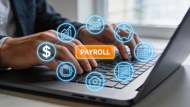 Payroll processing on laptop with digital icons business finance concept salary management accounting software corporate budget planning employee payment system modern office work