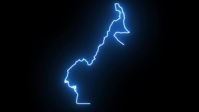 Cameroon Neon Map Outline Animation, Blue & Orange Energy Border on Black Background, Glowing Neon Map Outline Animation, Blue Orange Energy Lines, Futuristic Neon Map Outline