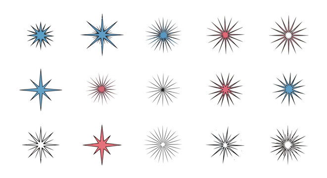 Set of Retro Starburst Icons Isolated on White, Geometric Sparkle and Twinkle Shapes for Mid-Century Modern Branding and Celebration Graphics