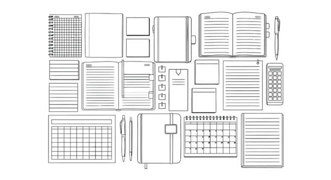 Hand-drawn office stationery and planners doodle set arranged for productivity and time management planning concepts.