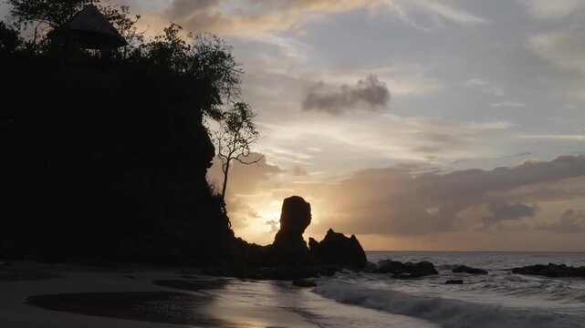 Golden Hour Sunset at Smugglers Cove St Lucia: Tropical Beach Horizon with Calm Caribbean Waves